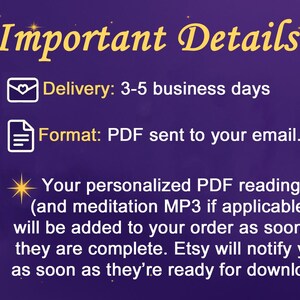 Puede incluir: Un fondo p&uacute;rpura con texto dorado que dice "Detalles importantes". El texto describe el tiempo de entrega, el formato PDF y la lectura PDF personalizada. La imagen incluye iconos de un sobre y un documento.