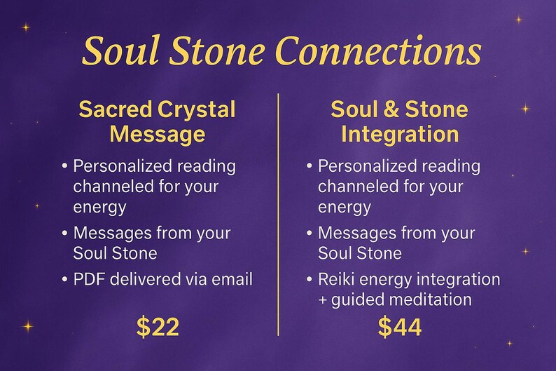 Puede incluir: Gr&aacute;fico p&uacute;rpura con texto dorado que promociona "Soul Stone Connections". El texto describe los servicios "Sacred Crystal Message" y "Soul & Stone Integration", incluyendo lecturas personalizadas y trabajo energ&eacute;tico.