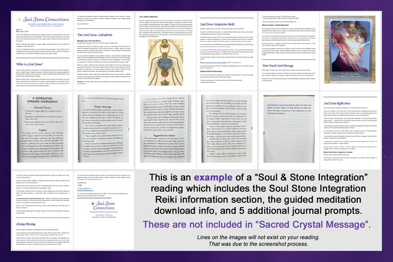 May include: A collection of pages from a spiritual guide, with text, illustrations, and a tarot card. The text includes "Soul Stone Connections" and "Soul & Stone Integration". The image includes the text: "This is an example of a Soul & Stone Integration reading".