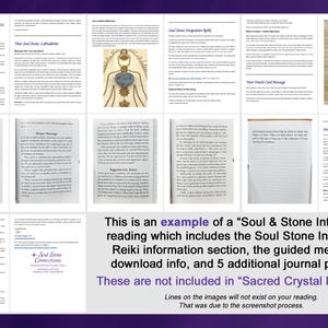 Puede incluir: Un collage de p&aacute;ginas de una gu&iacute;a titulada "Soul Stone Connections" con texto e ilustraciones. El texto incluye informaci&oacute;n sobre Reiki, meditaci&oacute;n guiada y indicaciones de diario. La imagen tambi&eacute;n incluye una tarjeta con un dise&ntilde;o abstracto.