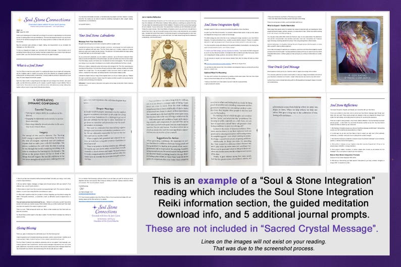 Puede incluir: Un collage de p&aacute;ginas de una gu&iacute;a titulada "Soul Stone Connections" con texto e ilustraciones. El texto incluye informaci&oacute;n sobre Reiki, meditaci&oacute;n guiada y indicaciones de diario. La imagen tambi&eacute;n incluye una tarjeta con un dise&ntilde;o abstracto.
