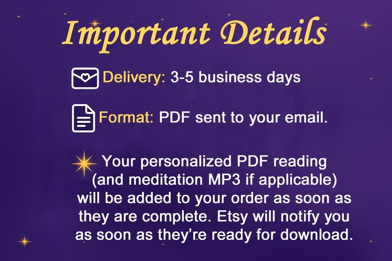 May include: A purple background with gold text that reads "Important Details." The text describes the delivery time, PDF format, and personalized PDF reading. The image includes icons of an envelope and a document.