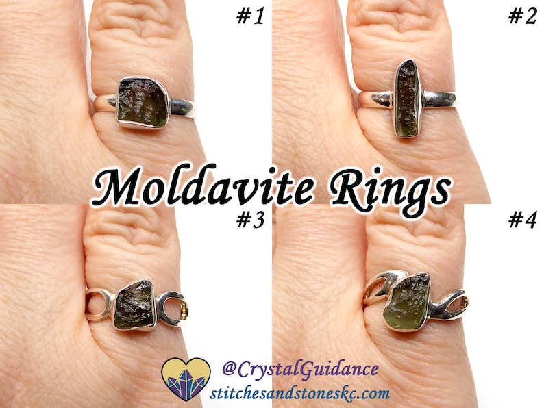 May include: Four silver rings with different styles of green moldavite stones. The rings are shown on fingers. The text "Moldavite Rings" is at the top of the image. The text "@CrystalGuidance stitchesandstoneskc.com" is at the bottom of the image.