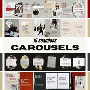 Pode incluir: Um conjunto de modelos de marketing digital intitulado 15 seamless CAROUSELS apresentando uma colagem de conselhos de marca, trechos de texto, fotografias e molduras decorativas em uma paleta de cores neutras com detalhes em vermelho para redes sociais.