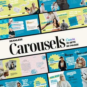 Op de afbeelding: Een verzameling Canva-sjablonen voor carrousels op sociale media. Het ontwerp bevat verschillende lay-outs met tekst en afbeeldingen, waaronder de woorden "Seamless Carousels", "15 Sets" en "90 Pages."