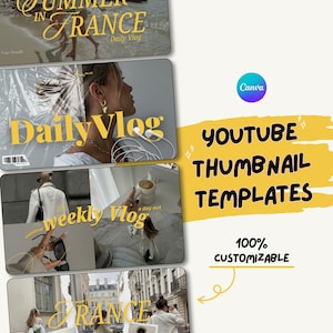 Pode incluir: Um design gráfico digital com modelos de miniaturas do YouTube. O design inclui quatro imagens retangulares com as palavras "Summer in France", "Daily Vlog" e "Weekly Vlog". O texto "YOUTUBE THUMBNAIL TEMPLATES" é exibido em amarelo em negrito.