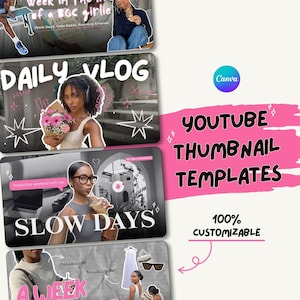 Può includere: Una collezione di modelli di miniature di YouTube con un design rosa e bianco. Le miniature presentano immagini con sovrapposizioni di testo come "DAILY VLOG" e "SLOW DAYS". Il logo Canva è visibile, così come il testo "100% CUSTOMIZABLE".