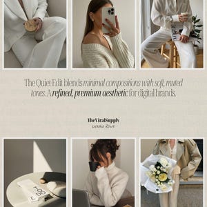 Quiet luxury stock photo bundle featuring minimal feminine lifestyle images with soft neutral tones, clean compositions, and subtle textures. Premium editorial-style faceless images designed for Instagram, Pinterest, TikTok, and social media marketing. Ideal for creators, influencers, and small businesses looking to build a cohesive, refined, and high-end brand identity with timeless and understated content.
