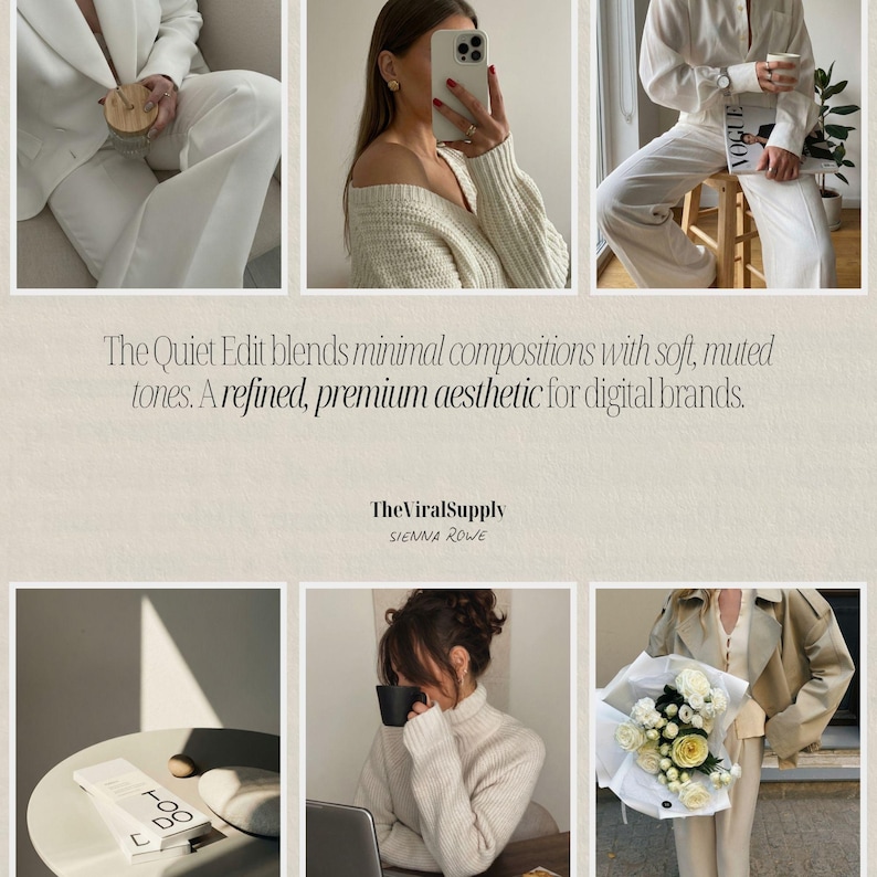 Quiet luxury stock photo bundle featuring minimal feminine lifestyle images with soft neutral tones, clean compositions, and subtle textures. Premium editorial-style faceless images designed for Instagram, Pinterest, TikTok, and social media marketing. Ideal for creators, influencers, and small businesses looking to build a cohesive, refined, and high-end brand identity with timeless and understated content.