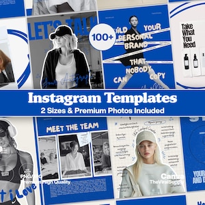 Puede incluir: Una colección de plantillas de Instagram con un esquema de color azul y blanco. Las plantillas presentan imágenes de personas, superposiciones de texto y las frases "LET'S TALK", "WILD PERSONAL BRAND" y "MEET THE TEAM". El texto "Instagram Templates" también es visible.