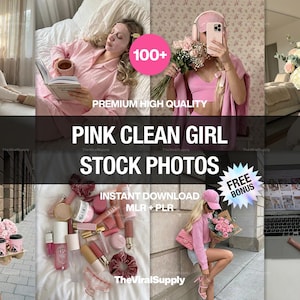 May include: A collection of stock photos with a pink theme. The images include a woman in pink pajamas, a woman holding flowers, and various beauty products. Text includes "PINK CLEAN GIRL" and "STOCK PHOTOS".
