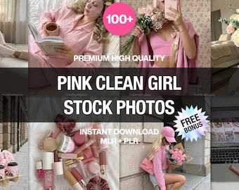 Pink Clean Girl Lifestyle Stock Photos, Faceless UGC Content Bundle (Digital Download, PLR+MRR)