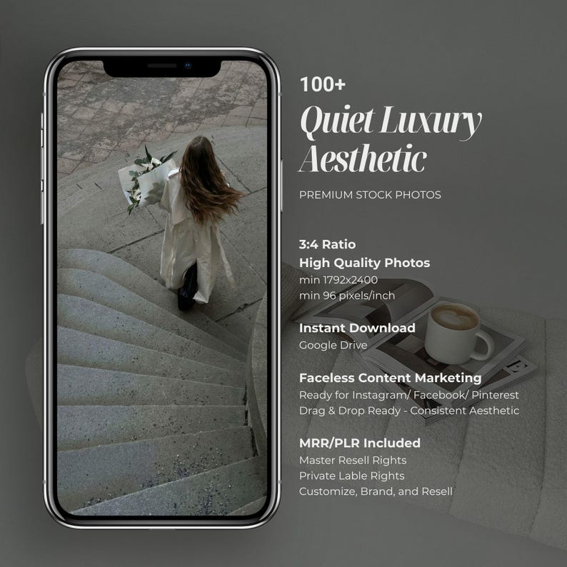 Quiet luxury stock photo bundle featuring minimal feminine lifestyle images with soft neutral tones, clean compositions, and subtle textures. Premium editorial-style faceless images designed for Instagram, Pinterest, TikTok, and social media marketing. Ideal for creators, influencers, and small businesses looking to build a cohesive, refined, and high-end brand identity with timeless and understated content.
