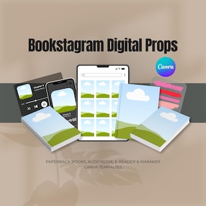 May include: An image showcasing digital props for bookstagram. The image includes a smartphone, a tablet, and several paperback books with a blue sky and green landscape design. The text on the image says "Bookstagram Digital Props" and "Canva".