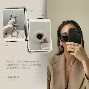 Quiet luxury stock photo bundle featuring minimal feminine lifestyle images with soft neutral tones, clean compositions, and subtle textures. Premium editorial-style faceless images designed for Instagram, Pinterest, TikTok, and social media marketing. Ideal for creators, influencers, and small businesses looking to build a cohesive, refined, and high-end brand identity with timeless and understated content.