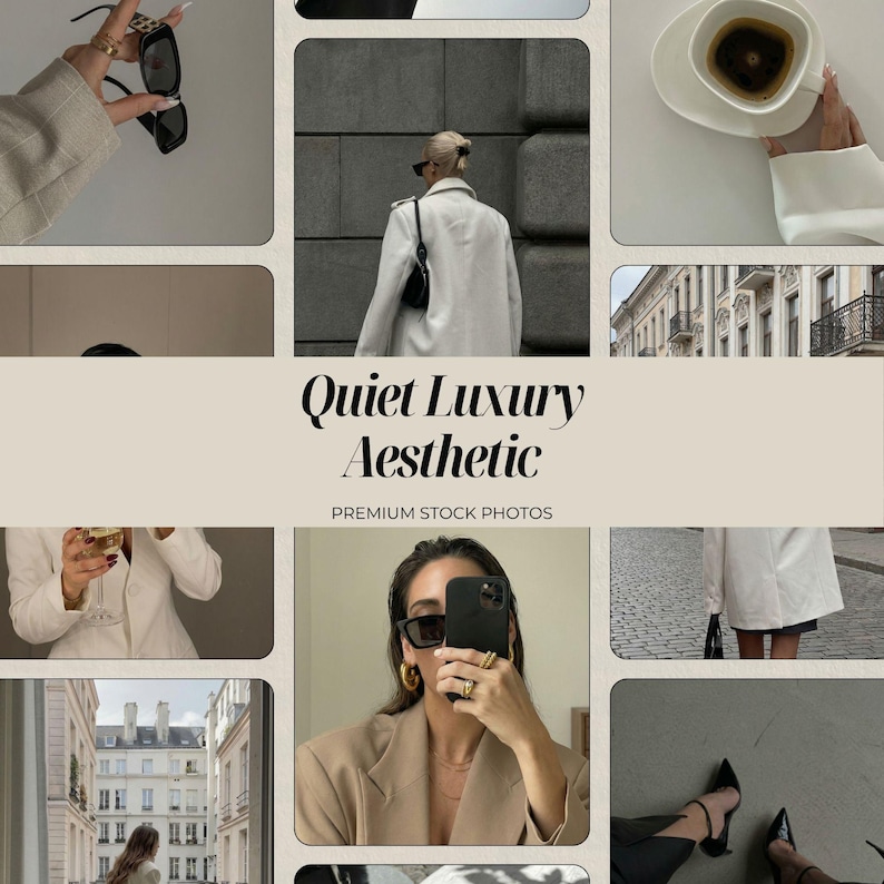 Quiet luxury stock photo bundle featuring minimal feminine lifestyle images with soft neutral tones, clean compositions, and subtle textures. Premium editorial-style faceless images designed for Instagram, Pinterest, TikTok, and social media marketing. Ideal for creators, influencers, and small businesses looking to build a cohesive, refined, and high-end brand identity with timeless and understated content.