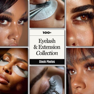 Könnte beinhalten: Eine Collage von Nahaufnahmen, die Wimpernverlängerungen zeigen. Die Bilder zeigen Augen mit langen, dunklen Wimpern, wobei einige Aufnahmen den Anwendungsprozess mit Pinzette und Augenpads zeigen. Der Text lautet "100+ Eyelash & Extension Collection Stock Photos."