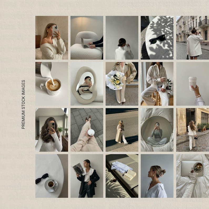 Quiet luxury stock photo bundle featuring minimal feminine lifestyle images with soft neutral tones, clean compositions, and subtle textures. Premium editorial-style faceless images designed for Instagram, Pinterest, TikTok, and social media marketing. Ideal for creators, influencers, and small businesses looking to build a cohesive, refined, and high-end brand identity with timeless and understated content.