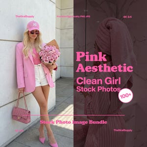 Könnte beinhalten: Ein pinkfarbenes ästhetisches Stockfoto-Bildpaket. Das Bild zeigt eine Frau in einem pinkfarbenen Blazer, Shorts und Absätzen, die einen Strauß rosa Rosen hält. Der Text auf dem Bild lautet "Pink Aesthetic Clean Girl Stock Photos".