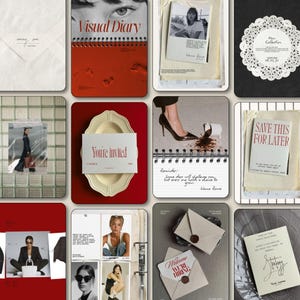Pode incluir: Uma colagem de cartões e artigos de papelaria com tema de moda. Inclui um caderno vermelho com o texto "Visual Diary", um cartão que diz "You're invited" e um cartão que diz "Save this for later". Outros cartões apresentam fotos e texto.