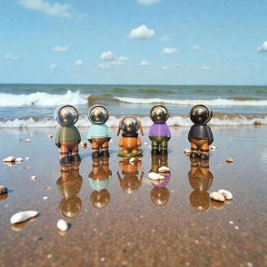 May include: Five astronaut figurines with reflective silver helmets and colourful outfits stand on a sandy beach. The figurines are in shades of green, blue, orange, purple, and black. The ocean and sky are visible in the background.