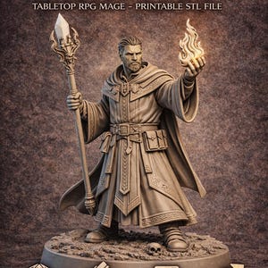May include: A detailed 3D-printed miniature of a human wizard, holding a staff and a flame. The figure is dressed in robes and stands on a textured base. Text on the image reads "Human Wizard STL" and "Tabletop RPG Model".