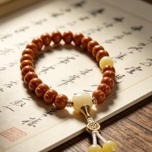 May include: A handcrafted bracelet featuring round, reddish-brown beads. The bracelet includes a central, off-white bead and a decorative tassel with two yellow beads. The bracelet rests on a page of calligraphy.