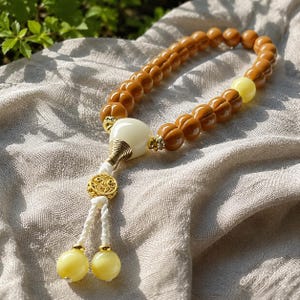 May include: A bracelet featuring brown, segmented beads and a single pale yellow bead. A central white, teardrop-shaped bead is connected to a gold-toned metal component, a decorative gold-toned spacer, and two white cords ending in pale yellow beads.