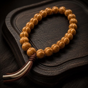 May include: A bracelet composed of round, tan-colored beads with a distinct ribbed or pumpkin-like texture. The beads are strung together, and the bracelet features a decorative tassel made of brown and off-white cord tied at the base.