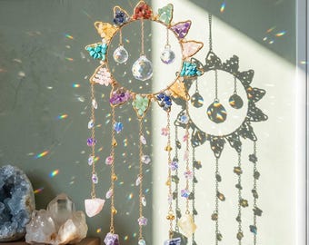 Chakra Sun Crystal Suncatcher,Handmade Window Hanging,Boho Spiritual Decor,Window Light Catcher,Crystal Prism Hanging,Garden Patio Decor