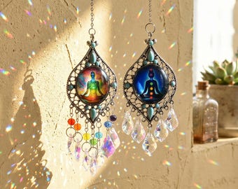 7 Chakra Balance Crystal Suncatcher,Meditation Yoga Window Hanging,Rainbow Prism Ornament,Spiritual Healing Boho Decor,Energy Cleansing Gift