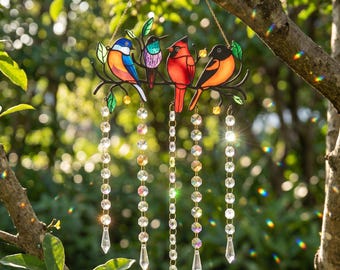 Four Colorful Birds Crystal Suncatcher,Stained Glass Iron Window Hanging,Rainbow Prism Ornament,Boho Garden Decor,Nature Inspired Gift
