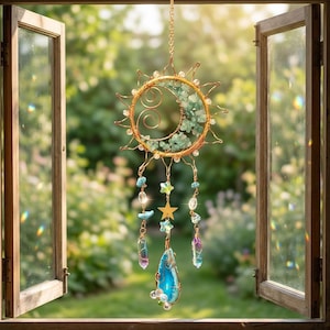 Green Natural Stone Crystal Wind Chime,Dynamic Light Crystal Pendant,Bohemian Window Decoration,Rainbow Maker, Spiritual Home Decoration