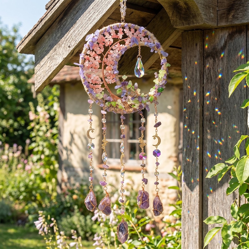 May include: A handcrafted moon-shaped wall hanging with a wire frame, adorned with pink and purple crystals, and a clear crystal pendant. Gold-colored chains dangle with amethyst and moon charms. The background shows a garden setting.