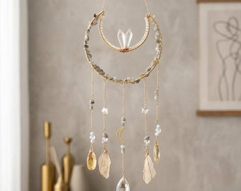 Natural Moon Crystal Prism Suncatcher,Light Catcher Window Hanging,Boho Home Decor,Handmade Crystal Ornament,Garden Decor,Window Suncatcher