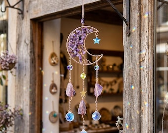 Moon Crystal Suncatcher Hanging,Amethyst Crescent Moon,Boho Window Decor,Crystal Prism,Witchy Room Decor,Spiritual Gift,Bohemian Home Accent