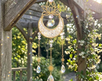 Lotus Crescent Crystal Suncatcher,Rainbow Maker,Boho Ornament,Healing Crystal Prism Window Hanging,Spiritual Home Decor,Sun and Moon Charm