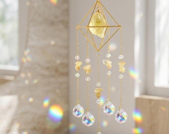 Natural Handmade Raw Gemstone Crystal Suncatcher,Geometric Hanging Ornament with Rainbow Prisms,Home,Garden,Balcony Window Hanging Decor