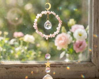 Natural Crushed Crystal Rainbow Sun Catcher,Openwork Moon And Star Crystal Prism Sun Catcher,Healing Crystal Decoration,Room Decoration