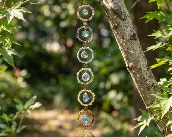 Seven Color Ring Crystal Suncatcher,Natural Chipped Crystal Rainbow Maker Prism,Room Decor Hanging,All Handmade Homeware,Gift for Nature