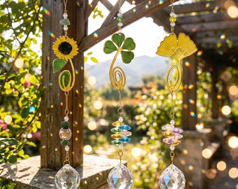 Sunflower Ginkgo Clover Crystal Suncatcher,Rainbow Prism Window Hanging,Nature Inspired Wind Chime,Boho Garden Decor,Healing Spiritual Gift