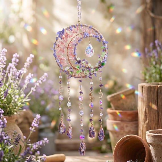 Moon Tree Of Life Crystal Suncatcher,Rainbow Maker,Boho Spiritual Ornament,Hanging Crystal Wall Art,Garden Suncatcher,Positive Energy Decor