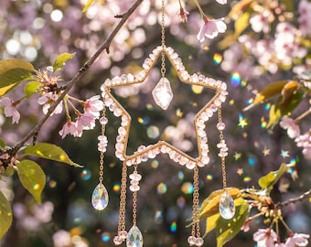 Star Rose Quartz Crystal Suncatcher,Rainbow Prism Window Hanging,AB Color Teardrop Crystal Ornament,Boho Celestial Decor,Love Healing Gift