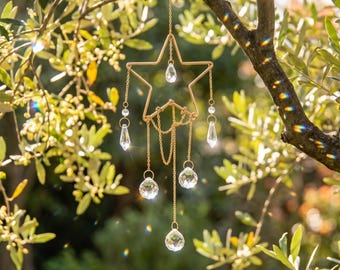 Gold Star Crystal Suncatcher, Hollow Metal Wind Chime,Rainbow Prism Window Hanging,Boho Celestial Decor,Spiritual Light Catcher Gift