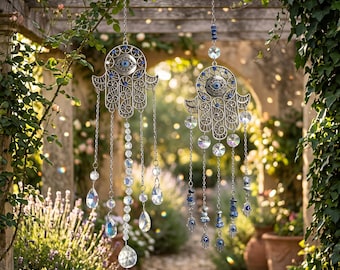 Vintage Hamsa Hand Evil Eye Suncatcher,Crystal Wind Chime,Outdoor Porch Garden Decor,Rainbow Prism Window Hanging,Bohemian Home Decor Gift