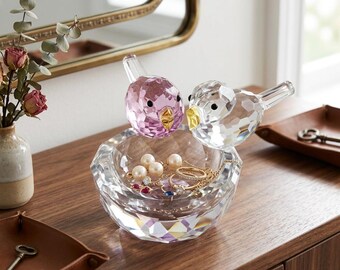 2 Birds Decorative Crystal Bowl,Clear Pink Crystal Bird Figurine,Cute Bird Home Decor,Handmade Storage Organizer,Bedroom Nightstand Decor