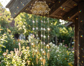 Spring Floral Wind Chime Suncatcher,Filigree Flower Crystal Prism Hanging,Bell & Leaf Ornament,Boho Garden Decor,Outdoor Window Decor Gift