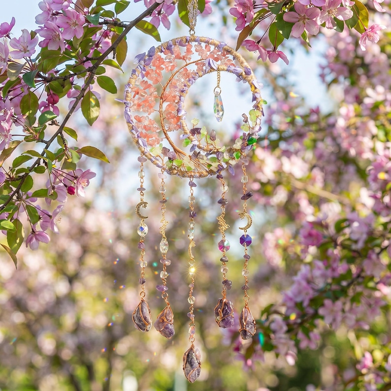 May include: A celestial-themed suncatcher with a crescent moon design. The moon is adorned with pink and purple crystals and gemstones. Dangling from the moon are strands of beads, crystals, and amethyst stones. The suncatcher hangs from a gold chain.