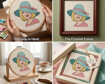 Modèle de point de croix femme moderne | Broderie élégante pour femme avec chapeau (téléchargement PDF)