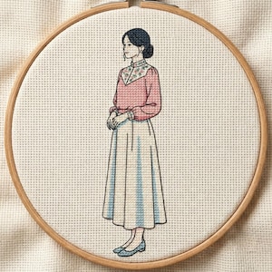 Korsstygnsmönster för vintagedamer | Broderidesign med blommig krage (PDF-nedladdning)